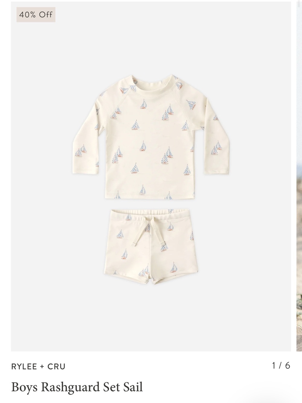 Rylee + Cru Cream Sailprint Rashguard Short Set with Blue and Red Accents